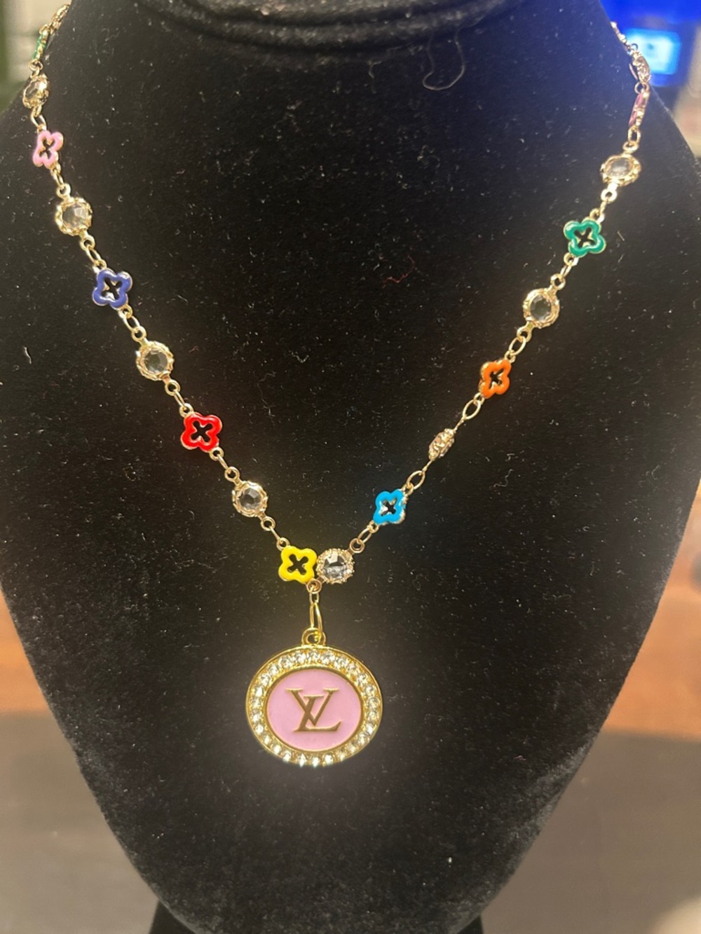 Gold-Tone Multicolor Flower Charm Necklace with Pink Logo Medallion& bracelet - Picture 3 of 5